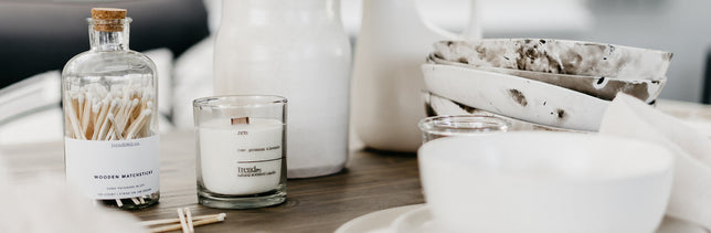 Trend{ING} long luxury matches, candles and bowls beautifully adorning a wooden table