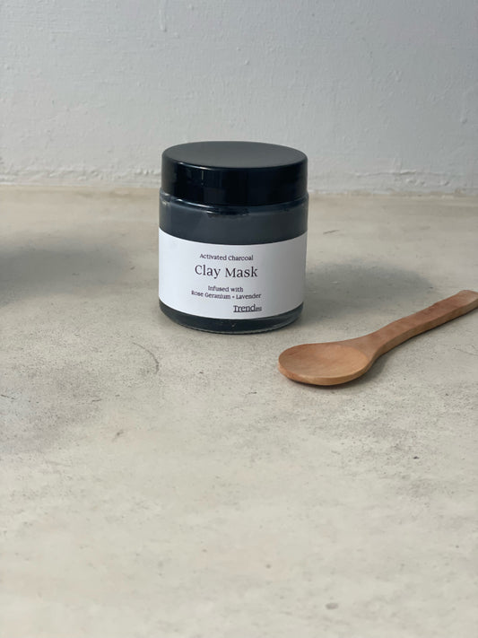 Trend{ING}s Activated Charcoal Mask with wooden spoon beside a closed bottle