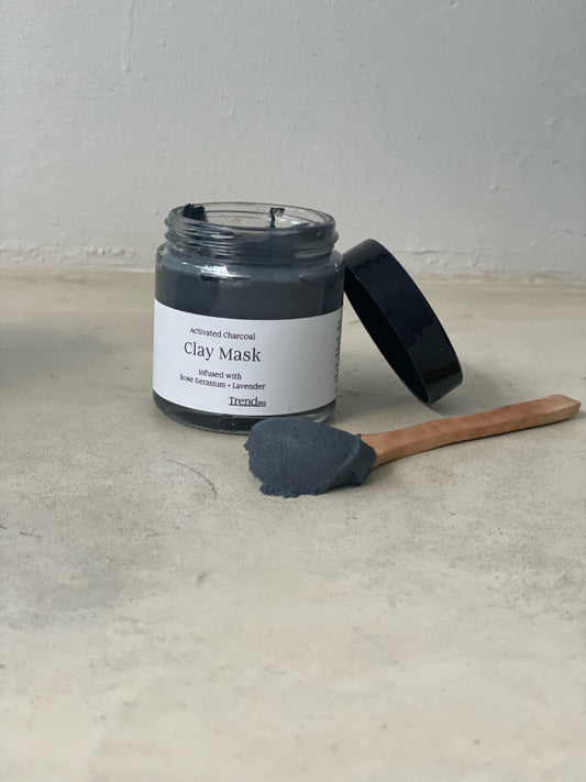 Trend{ING}s Activated Charcoal Mask with wooden spoon beside an open bottle
