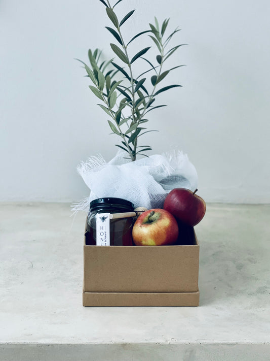 Trend{ING}s Peace in a Box Gift Set, featuring a cardboard box, red apples, honey jar and olive plant