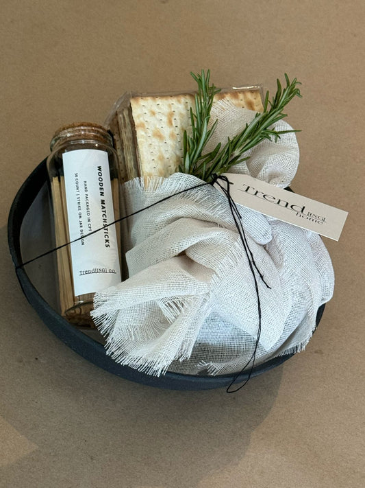 Trend-ings Sparks of Pesach Gift Box including Matzah wrapped in linen matzah cover, small black matches, all in a gorgeous Ceramic pasta bowl