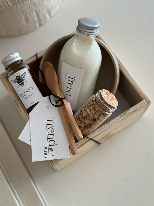 Trend-ings Breakfast Gift Box including Recycled small storage box  2 ceramic breakfast bowls  2 wooden spoons  Bottle of milk  Bottle of Granola