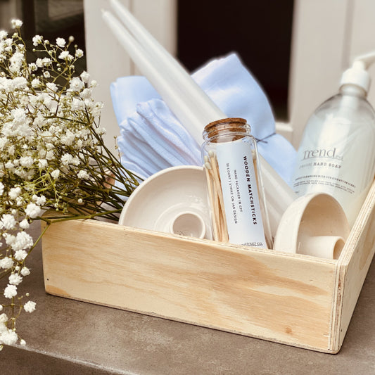 Trend{ING}s Clean Slate Gift Box, featuring luxury long wooden matches, hand soap, long candles, candle holders & linen napkins