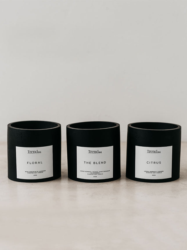 Trend-ings black wooden wick candles in various scents, Floral, The Blend & Citrus