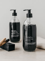 Trend-ings Activated charcoal body washes with palo santo sticks beside it
