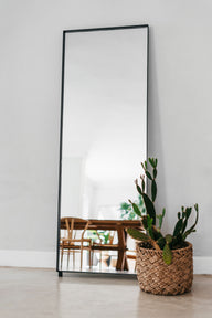 Trend-ings steel free-standing mirror with a plant next to it in a basket