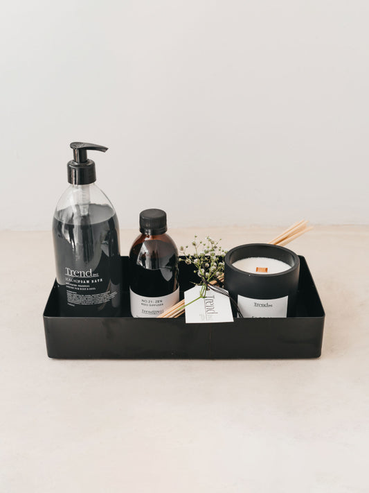 Trend{ING}s Steel Clean Slate Gift Box, featuring foam bath, candle and oil reed diffuser in a steel tray