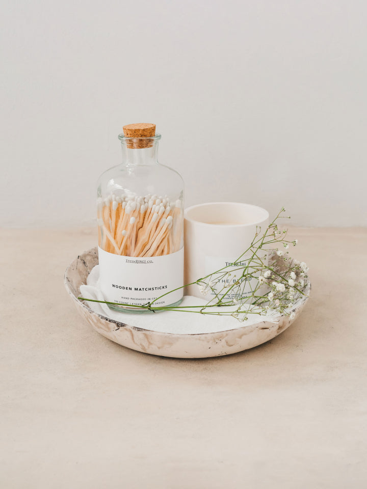 Trend{ING}s Pure + White Gift Set, featuring a smoke white past bowl, luxury long white matches in a glass jar and a Trend{ING} candle