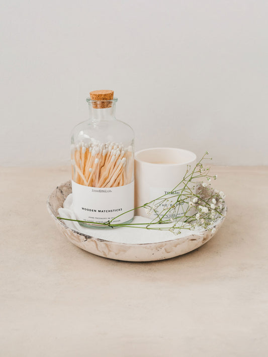 Trend{ING}s Pure + White Gift Set, featuring a smoke white past bowl, luxury long white matches in a glass jar and a Trend{ING} candle