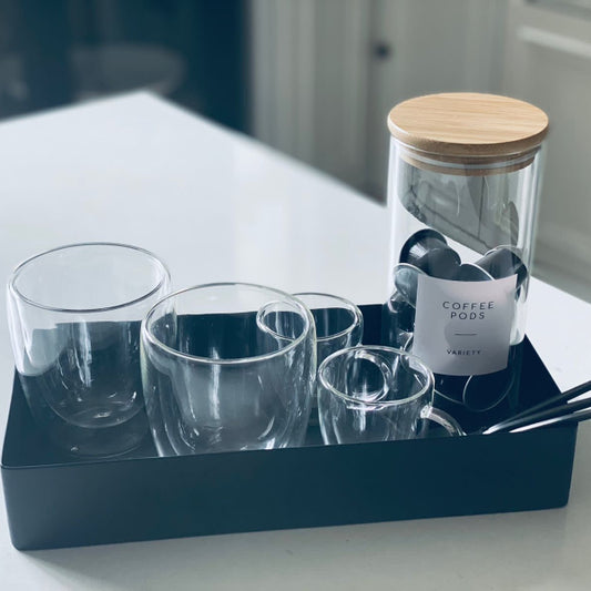 Steel tray with glass coffee collection set